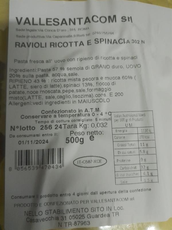 RAVIOLI RICOTTA E SPINACI 1PZ=500GR