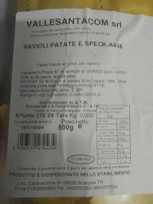 RAVIOLI PATATE E SPECK 500 GR CIRCA