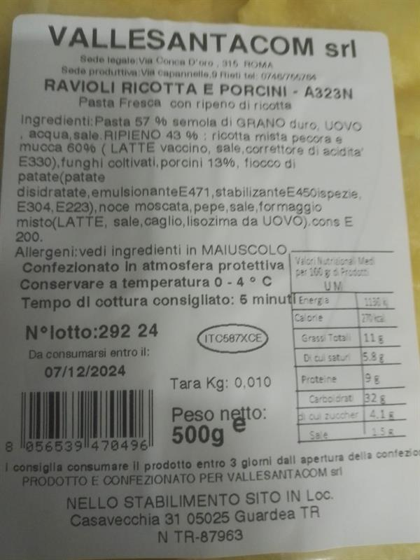 RAVIOLI RICOTTA E FUNGHI PORCINI 1PZ=500GR